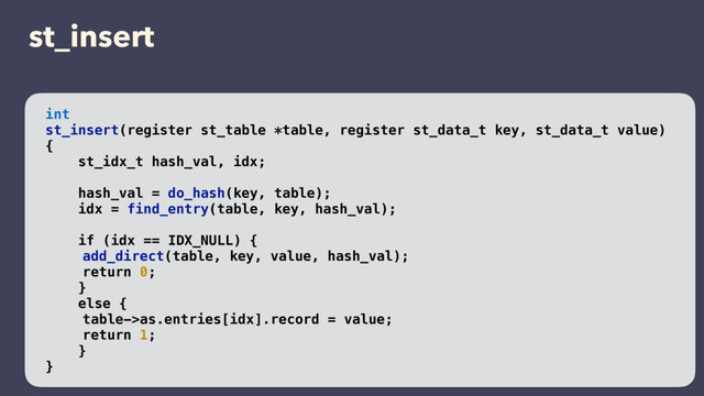 st_insert
int
st_insert(register st_table *table, register st_data_t key, st_data_t value)
{
st_idx_t hash_val, idx;
hash_val = do_hash(key, table);
idx = find_entry(table, key, hash_val);
if (idx == IDX_NULL) {
add_direct(table, key, value, hash_val);
return 0;
}
else {
table->as.entries[idx].record = value;
return 1;
}
}
