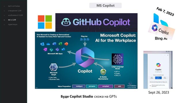 MS Copilot
Sept 26, 2023
Буде Copilot Studio схожа на GPTs
o tech-оптімізм
o створення LLM
o особливості LLM
o які є LLM
o практикум
