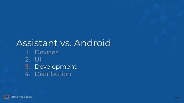 @elainedbatista
@elainedbatista
Assistant vs. Android
1. Devices
2. UI
3. Development
4. Distribution
13
