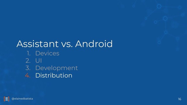 @elainedbatista
@elainedbatista
Assistant vs. Android
1. Devices
2. UI
3. Development
4. Distribution
16
