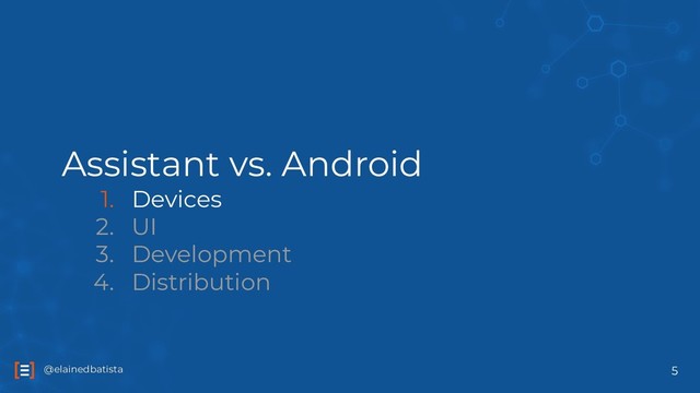 @elainedbatista
@elainedbatista
Assistant vs. Android
1. Devices
2. UI
3. Development
4. Distribution
5
