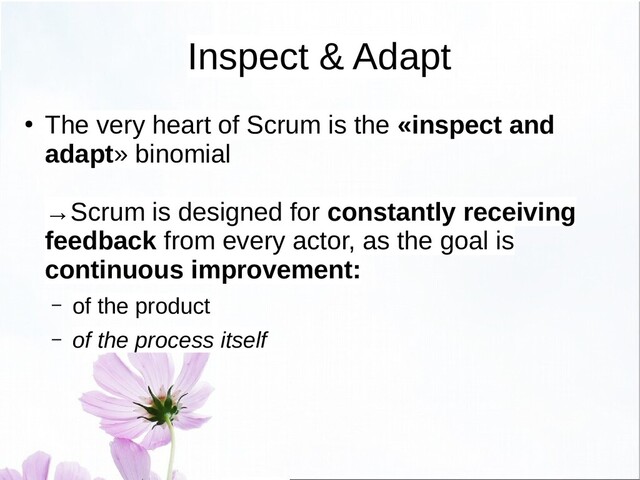 Inspect & Adapt
●
The very heart of Scrum is the «inspect and
adapt» binomial
→Scrum is designed for constantly receiving
feedback from every actor, as the goal is
continuous improvement:
– of the product
– of the process itself
