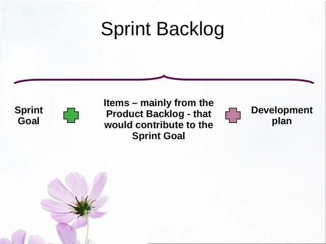 Sprint Backlog
Sprint
Goal
Items – mainly from the
Product Backlog - that
would contribute to the
Sprint Goal
Development
plan
