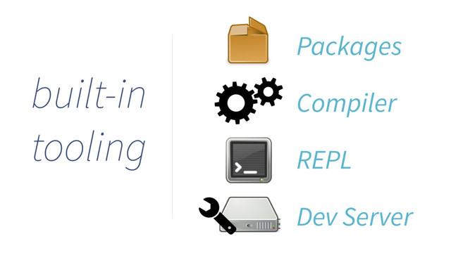 Compiler
REPL
Dev Server
built-in
tooling
Packages
