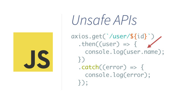Unsafe APIs
axios.get(`/user/${id}`)
.then((user) => {
console.log(user.name);
})
.catch((error) => {
console.log(error);
});
