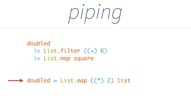 |> List.filter ((<) 6)
|> List.map square
piping
doubled = List.map ((*) 2) list
doubled
