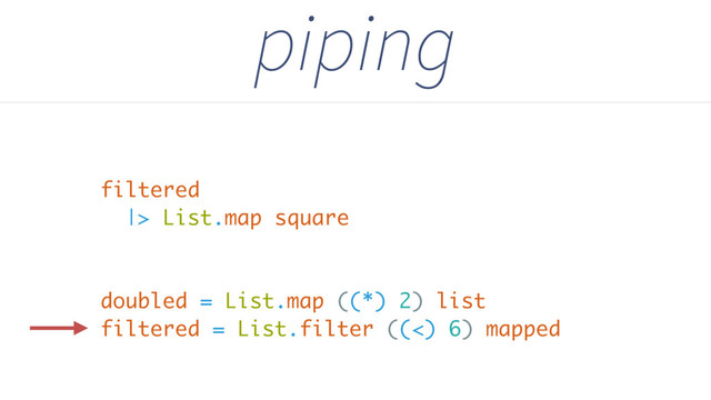 piping
doubled = List.map ((*) 2) list
filtered = List.filter ((<) 6) mapped
|> List.map square
filtered
