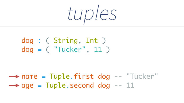 dog : ( String, Int )
dog = ( "Tucker", 11 )
name = Tuple.first dog -- "Tucker"
age = Tuple.second dog -- 11
tuples

