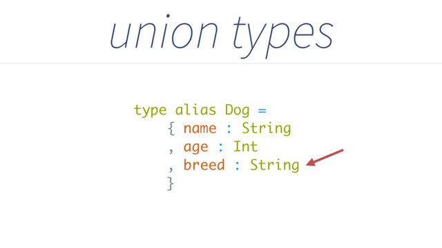union types
type alias Dog =
{ name : String
, age : Int
, breed : String
}
