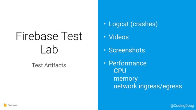 Firebase Test
Lab
Test Artifacts
• Logcat (crashes)
• Videos
• Screenshots
• Performance 
CPU 
memory 
network ingress/egress
@CodingDoug
