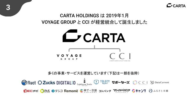 3
CARTA HOLDINGS は 2019年1月
VOYAGE GROUP と CCI が経営統合して誕生しました
多くの事業・サービスを運営しています（下記は一部を抜粋）
