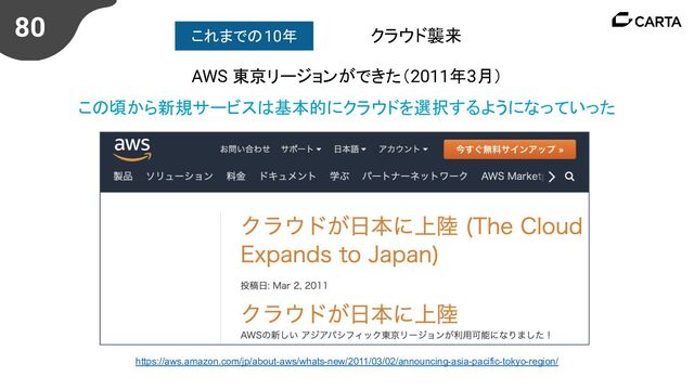 80
AWS 東京リージョンができた（2011年3月）
https://aws.amazon.com/jp/about-aws/whats-new/2011/03/02/announcing-asia-pacific-tokyo-region/
この頃から新規サービスは基本的にクラウドを選択するようになっていった
クラウド襲来
これまでの10年
