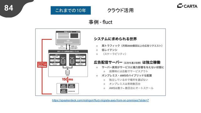 84
https://speakerdeck.com/nishigori/fluct-migrate-aws-from-on-premises?slide=7
事例 - ﬂuct
クラウド活用
これまでの10年

