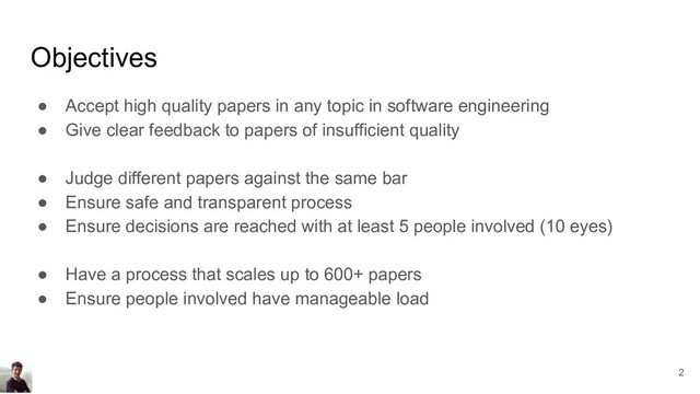 Objectives
● Accept high quality papers in any topic in software engineering
● Give clear feedback to papers of insufficient quality
● Judge different papers against the same bar
● Ensure safe and transparent process
● Ensure decisions are reached with at least 5 people involved (10 eyes)
● Have a process that scales up to 600+ papers
● Ensure people involved have manageable load
2
