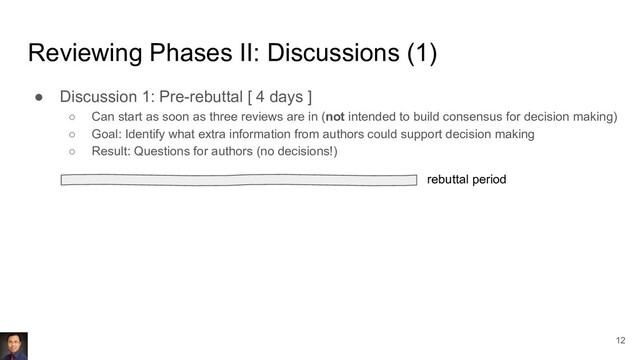 Reviewing Phases II: Discussions (1)
● Discussion 1: Pre-rebuttal [ 4 days ]
○ Can start as soon as three reviews are in (not intended to build consensus for decision making)
○ Goal: Identify what extra information from authors could support decision making
○ Result: Questions for authors (no decisions!)
rebuttal period
12
