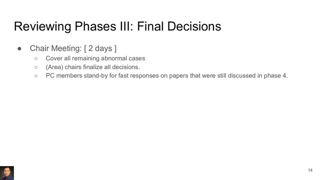 Reviewing Phases III: Final Decisions
● Chair Meeting: [ 2 days ]
○ Cover all remaining abnormal cases
○ (Area) chairs finalize all decisions.
○ PC members stand-by for fast responses on papers that were still discussed in phase 4.
14
