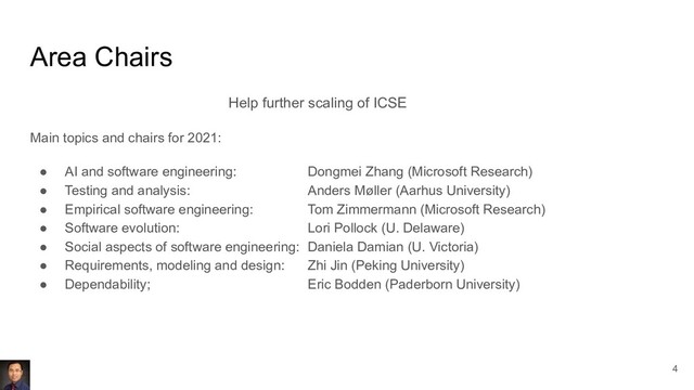 Area Chairs
Help further scaling of ICSE
Main topics and chairs for 2021:
● AI and software engineering: Dongmei Zhang (Microsoft Research)
● Testing and analysis: Anders Møller (Aarhus University)
● Empirical software engineering: Tom Zimmermann (Microsoft Research)
● Software evolution: Lori Pollock (U. Delaware)
● Social aspects of software engineering: Daniela Damian (U. Victoria)
● Requirements, modeling and design: Zhi Jin (Peking University)
● Dependability; Eric Bodden (Paderborn University)
4
