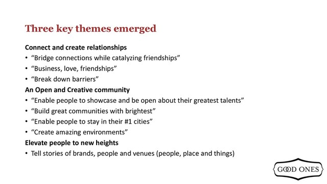 Three key themes emerged
Connect and create relationships
• “Bridge connections while catalyzing friendships”
• “Business, love, friendships”
• “Break down barriers”
An Open and Creative community
• “Enable people to showcase and be open about their greatest talents”
• “Build great communities with brightest”
• “Enable people to stay in their #1 cities”
• “Create amazing environments”
Elevate people to new heights
• Tell stories of brands, people and venues (people, place and things)
