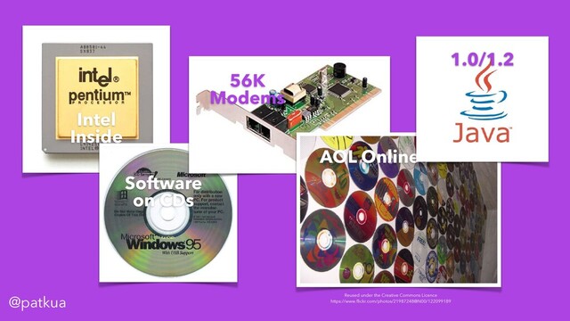 @patkua
Intel
Inside
Software
on CDs
56K
Modems
Reused under the Creative Commons Licence
https://www.ﬂickr.com/photos/21987248@N00/122099189
AOL Online
1.0/1.2
