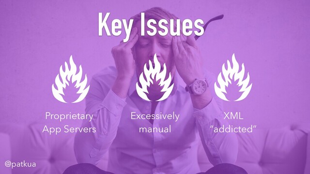 @patkua
Key Issues
Proprietary
App Servers
Excessively
manual
XML
“addicted”
@patkua
