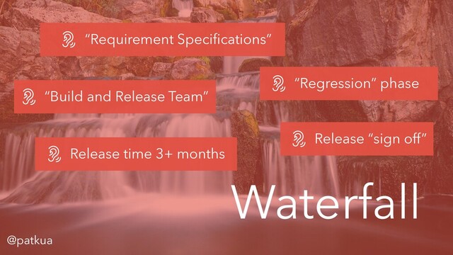 @patkua
Waterfall
“Requirement Speciﬁcations”
“Build and Release Team”
Release “sign off”
“Regression” phase
Release time 3+ months
@patkua
