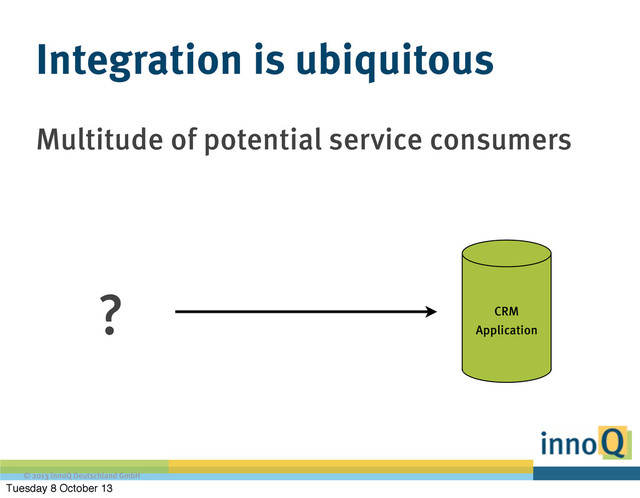 © 2013 innoQ Deutschland GmbH
Multitude of potential service consumers
Integration is ubiquitous
CRM
Application
?
Tuesday 8 October 13
