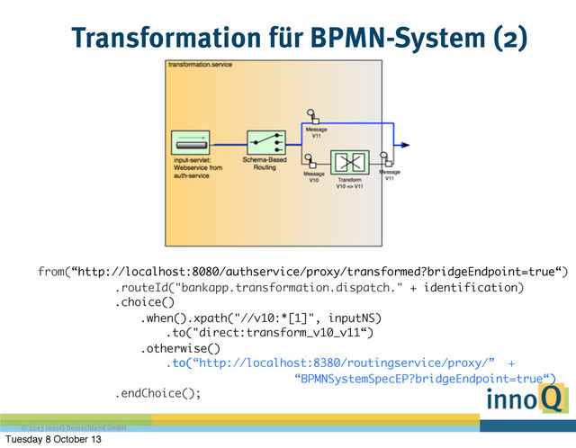 © 2013 innoQ Deutschland GmbH
Transformation für BPMN-System (2)
from(“http://localhost:8080/authservice/proxy/transformed?bridgeEndpoint=true“)
.routeId("bankapp.transformation.dispatch." + identification)
.choice()
.when().xpath("//v10:*[1]", inputNS)
.to("direct:transform_v10_v11“)
.otherwise()
.to(“http://localhost:8380/routingservice/proxy/” +
“BPMNSystemSpecEP?bridgeEndpoint=true“)
.endChoice();
Tuesday 8 October 13
