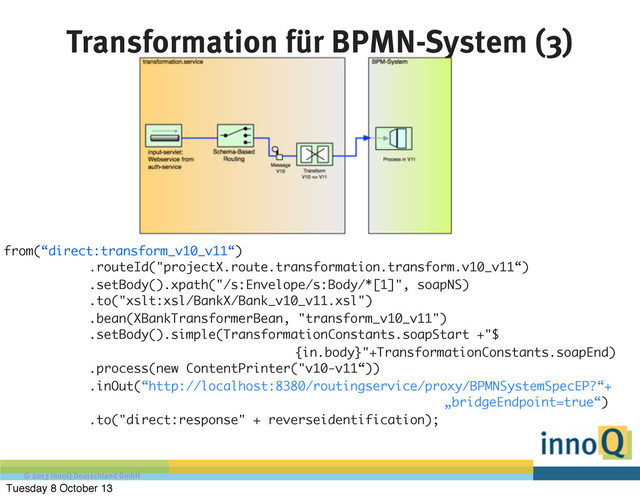 © 2013 innoQ Deutschland GmbH
Transformation für BPMN-System (3)
from(“direct:transform_v10_v11“)
.routeId("projectX.route.transformation.transform.v10_v11“)
.setBody().xpath("/s:Envelope/s:Body/*[1]", soapNS)
.to("xslt:xsl/BankX/Bank_v10_v11.xsl")
.bean(XBankTransformerBean, "transform_v10_v11")
.setBody().simple(TransformationConstants.soapStart +"$
{in.body}"+TransformationConstants.soapEnd)
.process(new ContentPrinter("v10-v11“))
.inOut(“http://localhost:8380/routingservice/proxy/BPMNSystemSpecEP?“+
„bridgeEndpoint=true“)
.to("direct:response" + reverseidentification);
Tuesday 8 October 13
