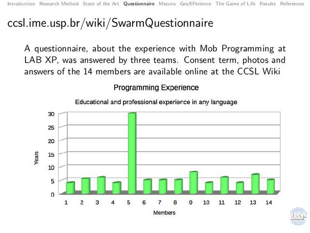 Introduction Research Method State of the Art Questionnaire Mezuro GeoXPerience The Game of Life Results References
ccsl.ime.usp.br/wiki/SwarmQuestionnaire
A questionnaire, about the experience with Mob Programming at
LAB XP, was answered by three teams. Consent term, photos and
answers of the 14 members are available online at the CCSL Wiki
