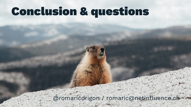 Conclusion & questions
@romaricdrigon / romaric@netinﬂuence.ch
