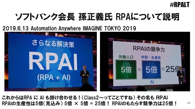ソフトバンク会長 孫正義氏 RPAについて説明
30
2019.6.13 Automation Anywhere IMAGINE TOKYO 2019
これからはRPA に AI も掛け合わせる！（Class2～ってことですね） その名も ＲＰＡI
RPAIの生産性は5倍（見込み） 5倍 × 5倍 = 25倍！ RPAIのもたらす競争力は25倍！
#RPALT
