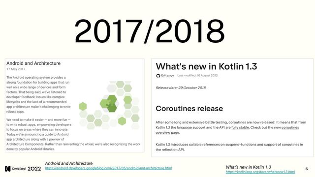 5
2017/2018
What's new in Kotlin 1.3
https://kotlinlang.org/docs/whatsnew13.html
Android and Architecture
https://android-developers.googleblog.com/2017/05/android-and-architecture.html
