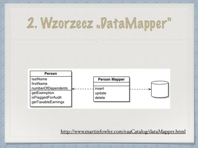 2. Wzorzecz „DataMapper"
http://www.martinfowler.com/eaaCatalog/dataMapper.html
