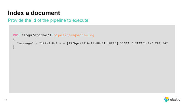 Index a document
Provide the id of the pipeline to execute
PUT /logs/apache/1?pipeline=apache-log
{
"message" : "127.0.0.1 - - [19/Apr/2016:12:00:04 +0200] \"GET / HTTP/1.1\" 200 24"
}
14
