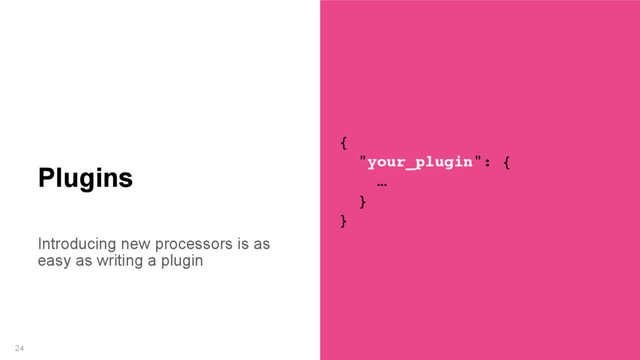 Introducing new processors is as
easy as writing a plugin
24
Plugins
{
"your_plugin": {
…
}
}
