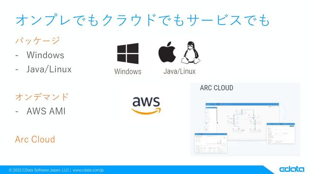 © 2022 CData Software Japan, LLC | www.cdata.com/jp
オンプレでもクラウドでもサービスでも
パッケージ
- Windows
- Java/Linux
オンデマンド
- AWS AMI
Arc Cloud
