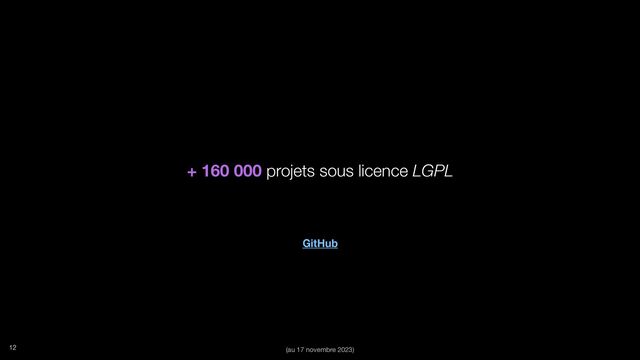 GitHub
+ 160 000 projets sous licence LGPL
(au 17 novembre 2023)
12
