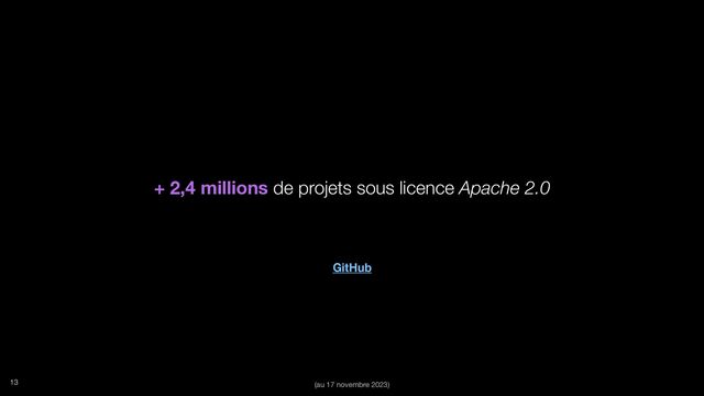 GitHub
+ 2,4 millions de projets sous licence Apache 2.0
(au 17 novembre 2023)
13
