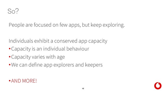 48
People are focused on few apps, but keep exploring.
Individuals exhibit a conserved app capacity
•Capacity is an individual behaviour
•Capacity varies with age
•We can define app explorers and keepers
•AND MORE!
So?

