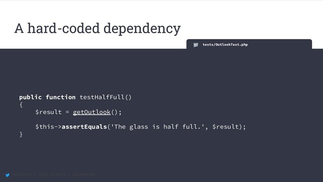 @maccath | Katy Ereira | #SunPHP20
tests/OutlookTest.php
public function testHalfFull()
{
$result = getOutlook();
$this->assertEquals('The glass is half full.', $result);
}
A hard-coded dependency
