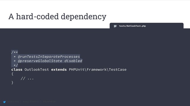 @maccath | Katy Ereira | #SunPHP20
tests/OutlookTest.php
/**
* @runTestsInSeparateProcesses
* @preserveGlobalState disabled
*/
class OutlookTest extends PHPUnit\Framework\TestCase
{
// ...
}
A hard-coded dependency
