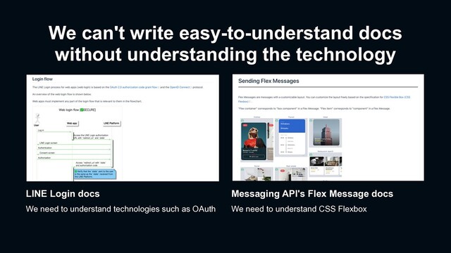 We can't write easy-to-understand docs
without understanding the technology
Messaging API's Flex Message docs
We need to understand CSS Flexbox
LINE Login docs
We need to understand technologies such as OAuth
