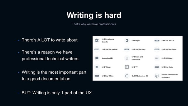 Writing is hard
That’s why we have professionals
- Writing is the most important part
to a good documentation
- There’s a reason we have
professional technical writers
- There’s A LOT to write about
- BUT: Writing is only 1 part of the UX
