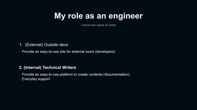 - Provide an easy-to-use platform to create contents (documentation)
- Everyday support
2. (Internal) Technical Writers
1. (External) Outside devs
- Provide an easy-to-use site for external users (developers)
My role as an engineer
I serve two types of users
