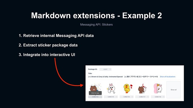 1. Retrieve internal Messaging API data
2. Extract sticker package data
3. Integrate into interactive UI
Markdown extensions - Example 2
Messaging API: Stickers
