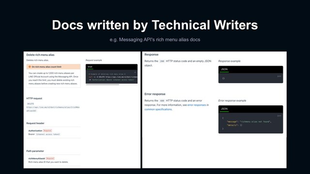 Docs written by Technical Writers
e.g. Messaging API's rich menu alias docs
