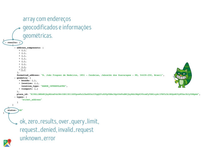 ok, zero_results, over_query_limit,
request_denied, invalid_request
unknown_error
array com endereços
geocodificados e informações
geométricas.

