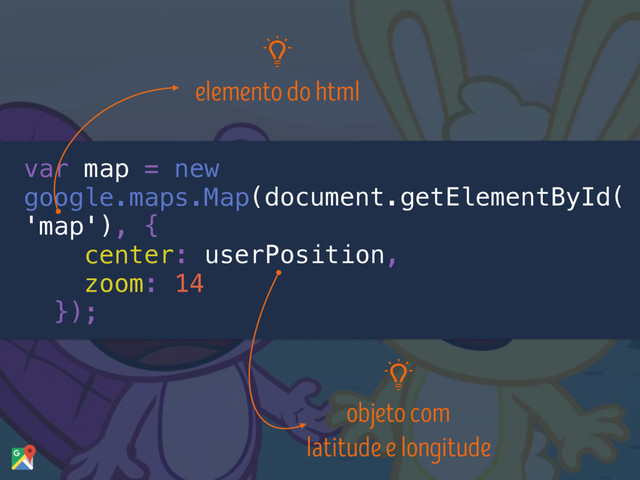 var map = new
google.maps.Map(document.getElementById(
'map'), {
center: userPosition,
zoom: 14
});
objeto com
latitude e longitude
elemento do html
