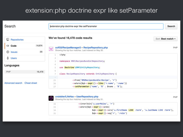 extension:php doctrine expr like setParameter

