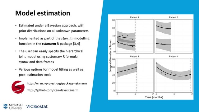 Model estimation
• Estimated under a Bayesian approach, with
prior distributions on all unknown parameters
• Implemented as part of the stan_jm modelling
function in the rstanarm R package [3,4]
• The user can easily specify the hierarchical
joint model using customary R formula
syntax and data frames
• Various options for model fitting as well as
post-estimation tools
19
Model comparison
• In our application we compared models
with different association structures
using a time-dependent AUC measure
[3], adapted to the three-level
hierarchical setting
• To calculate the AUC measure we used
each patient’s longitudinal biomarker
data up to 5 months, and then predicted
their event status at 10 months
https://github.com/stan-dev/rstanarm
https://cran.r-project.org/package=rstanarm
